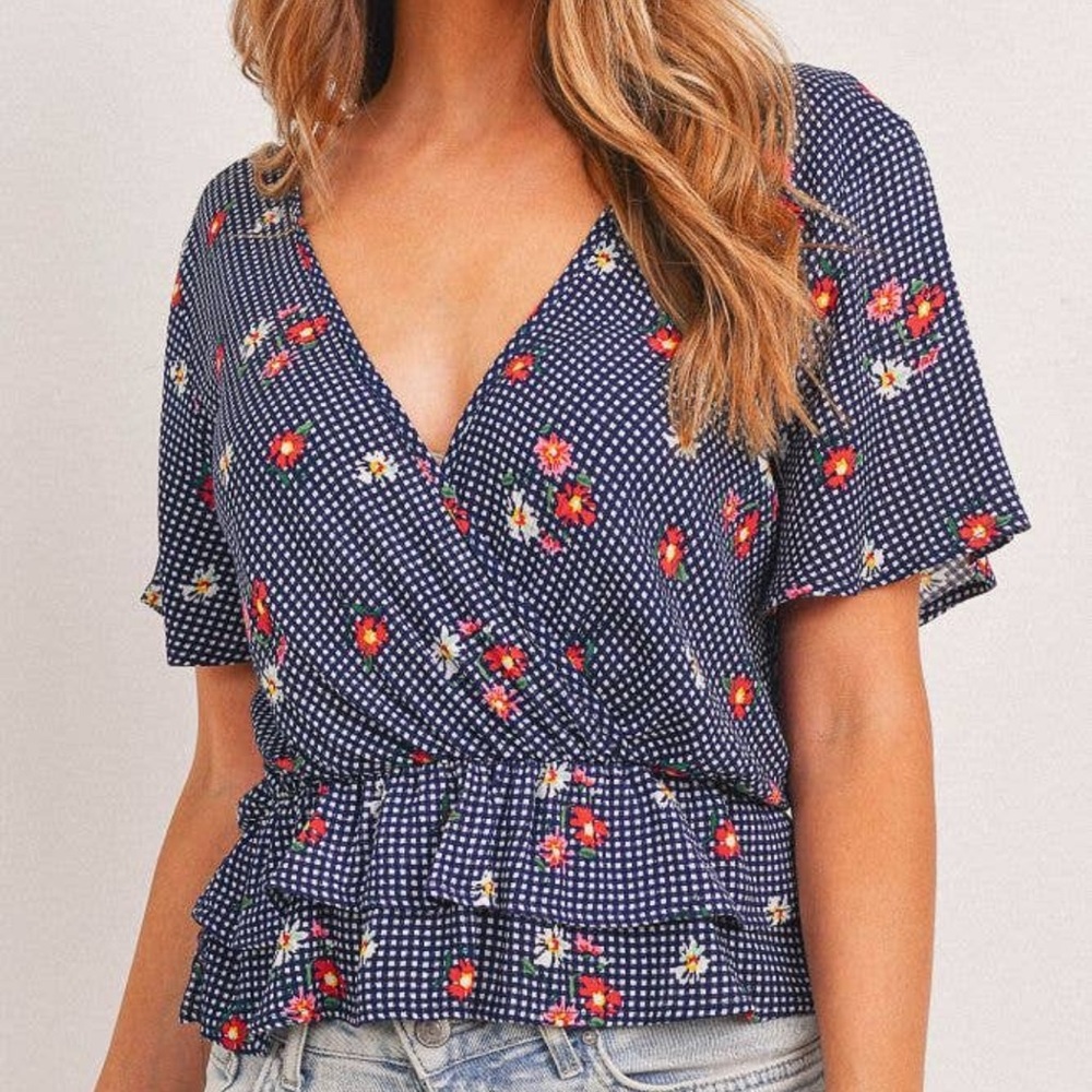 NWT Navy Blue Gingham Floral Print Open Back Short Sleeve Top - Picture 3 of 7